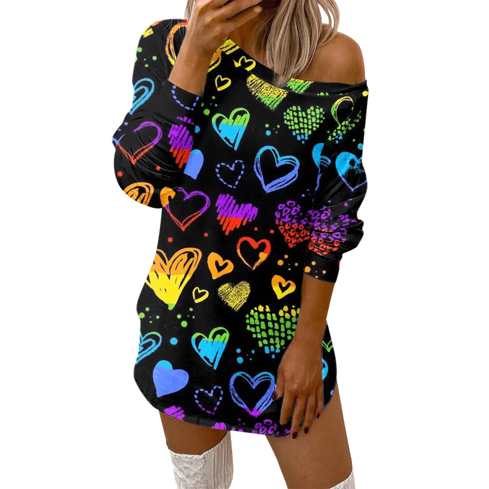 

Woman Heart Pattern Dress Spring Long Sleeve Off Shoulder Mini Dress For Casual Female Tunic Dresses
