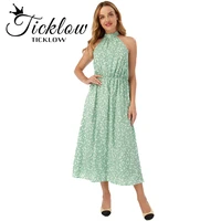 2021 new spring and summer sexy green polka dot print dress butterfly collar womens casual sleeveless mid length chiffon dress