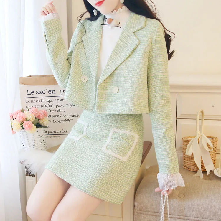 Женский зеленый розовый твидовый костюм с юбкой комплект из 2 предметов Офисная