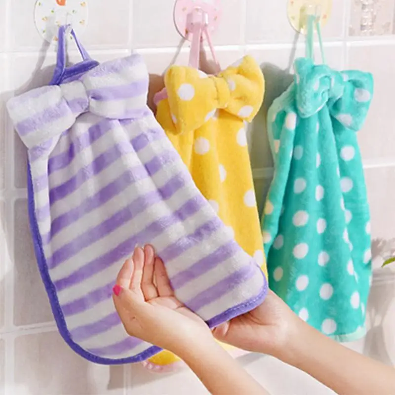 

[ On Sale ] Cute Bow Hand Towel Thickened Soft Absorbent Coral Fleece Hanging Wipe Towel Kitchen
