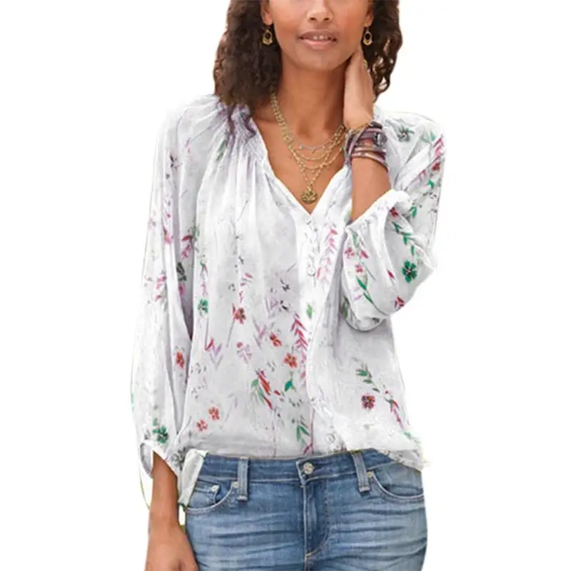 

Womens Long Sleeve V Neck Floral Blouse Loose Ladies Casual Shirt Tops Plus Size