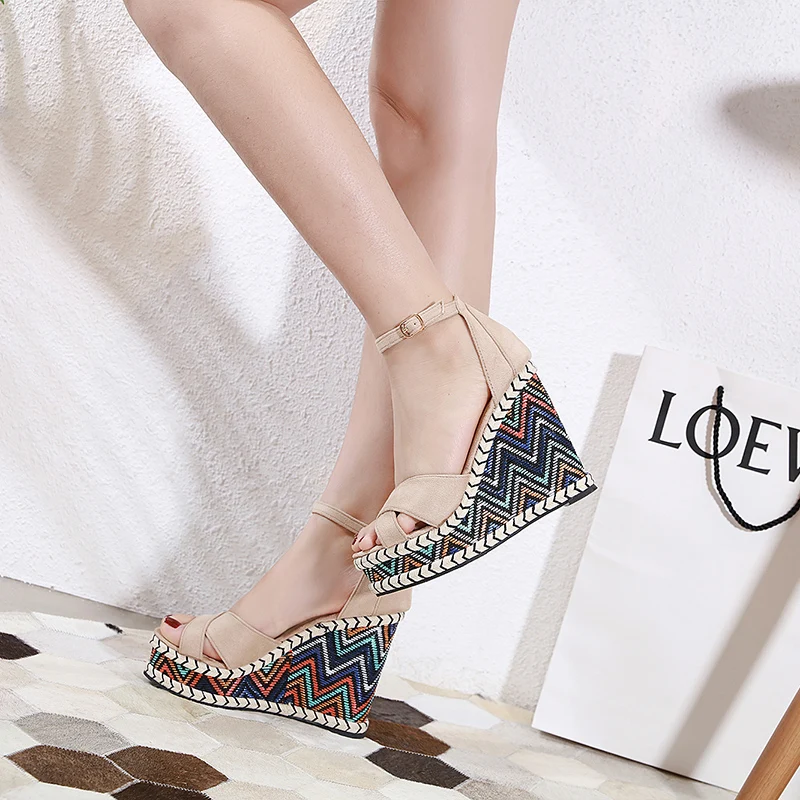 

12cm High Heels Platform Wedges Shoes Black High Heels with Cross Straps Ladies Platform Shoes Gladiator Sandals Chunky Heels
