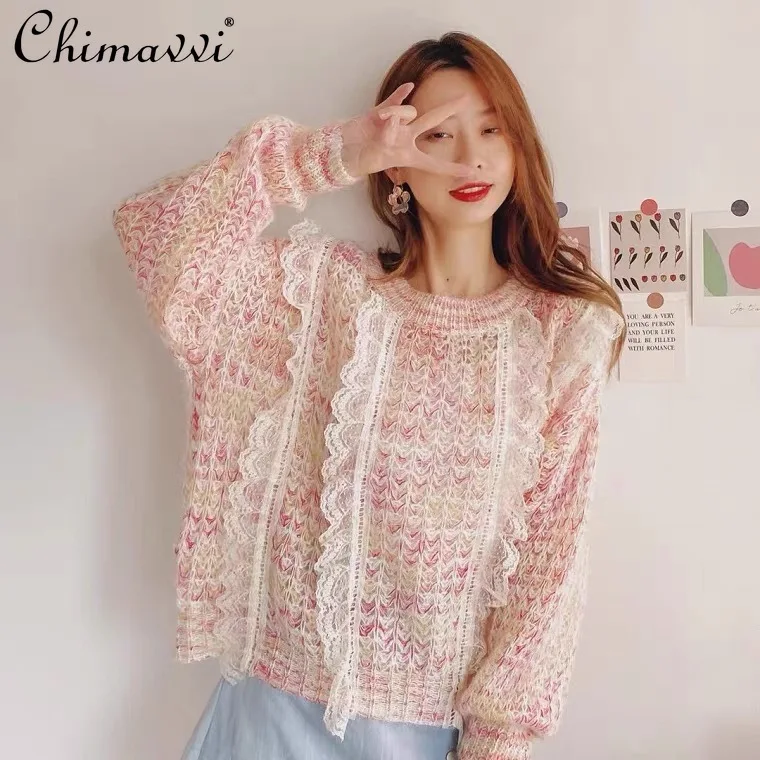 

Women's Hollow Mesh Pullover 2021 Autumn Winter Korean Loose Cropped Sweater Female Lace Splicing Knitwear Jumper
