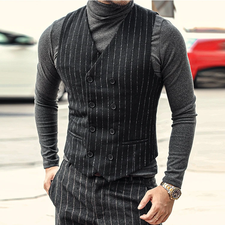 Мужской осенний Черный Полосатый новый тонкий повседневный костюм жилет деловой