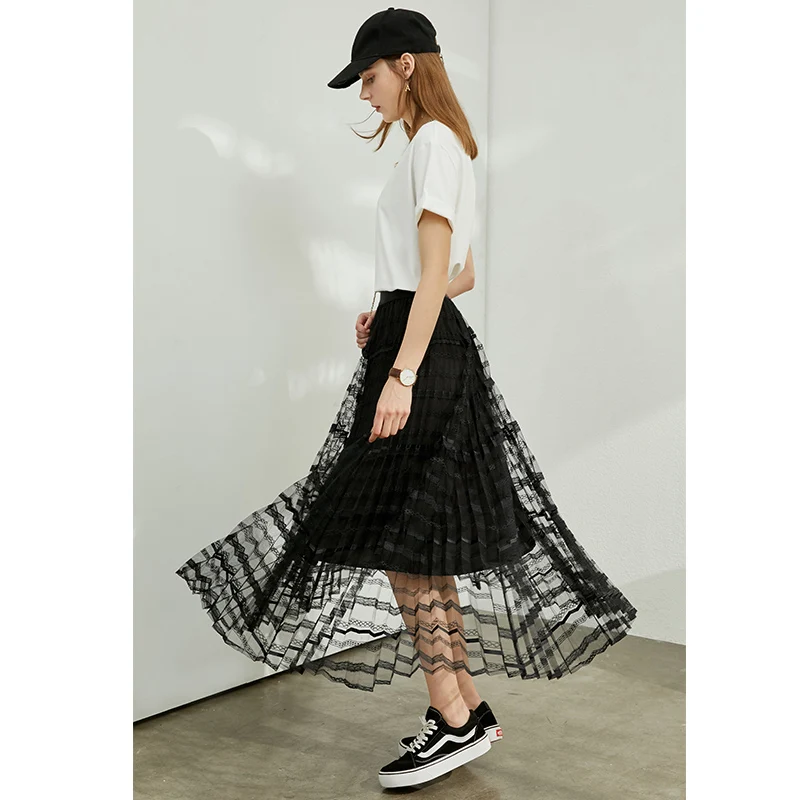 

AMII Minimalism Spring Summer Lace Women Dress Causal High Waist Loose Black Female Dress 12080049