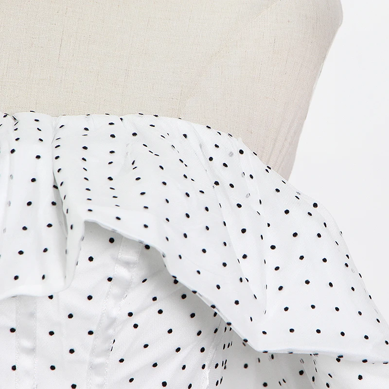 

ECRURANI Hit Color Dot Sexy Shirts For Women Slash Neck Sleeveless Patchwork Ruffles Short Blouses Female New Clothing 2021 Tide