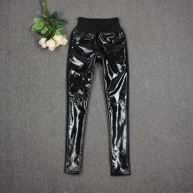 Elastic waist glossy shiny real Sheep leather pencil Pants female fashion brand full length patent Genuine leather pants F1808