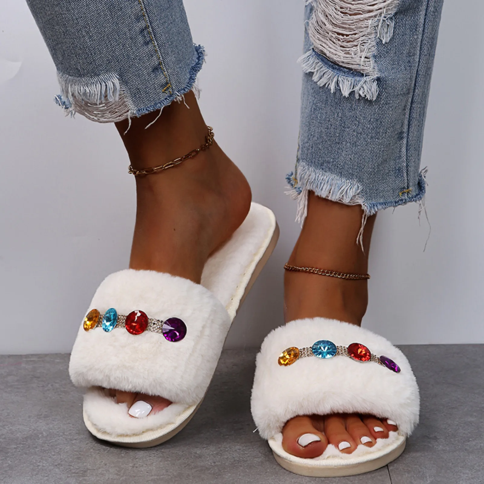 

Женские тапочки, Модные Цветные плюшевые тапочки со стразами, удобные хлопковые тапочки на плоской подошве, домашняя зимняя нескользящая М...