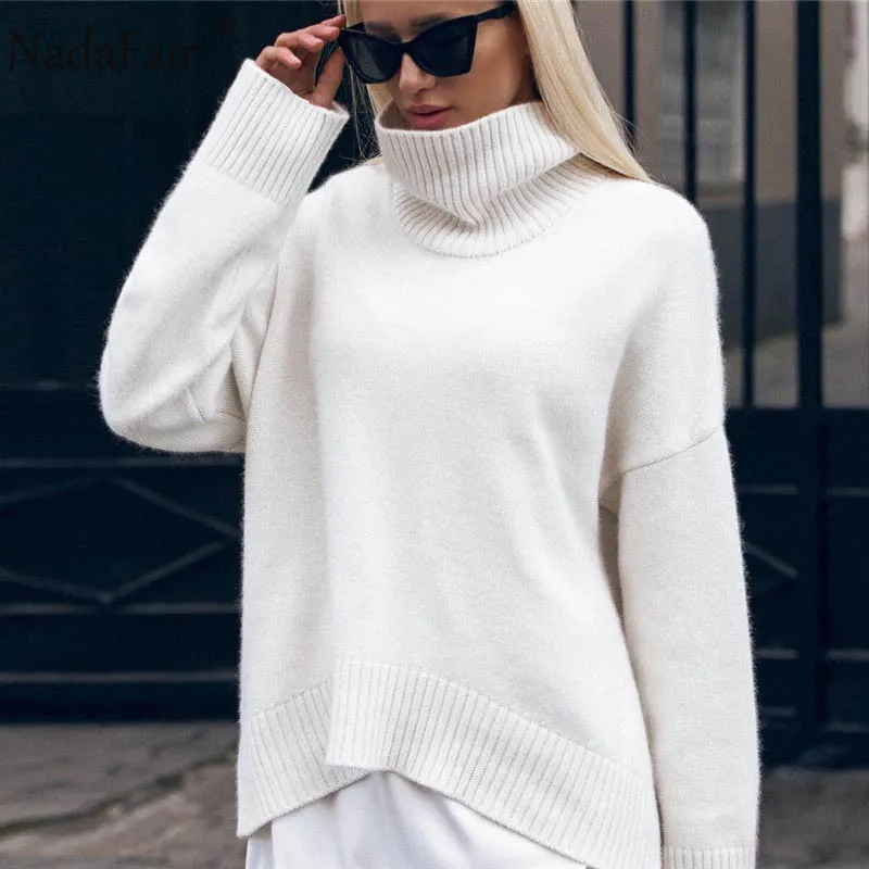 Nadafair Turtleneck Sweater 2020 Autumn Loose Casual Long Sleeve White Winter Oversized Knitted Pullover Jumper Women Sweaters | Женская