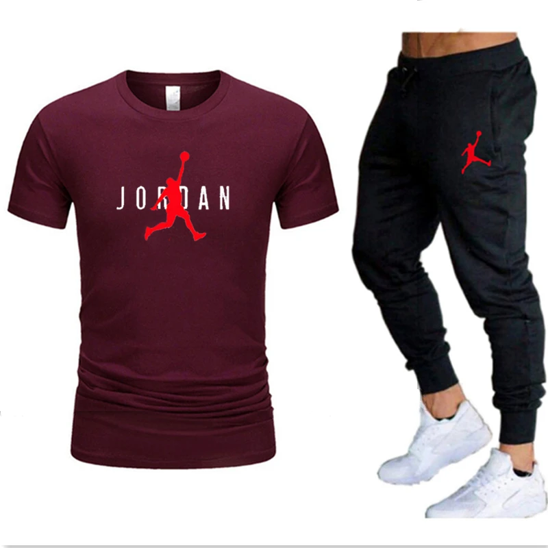 

Men's Cotton T-Shirt And Black Pants Sets Solid Color Print Two-Piece Clothing For Home Leisure Outdoor Activities Summer Run