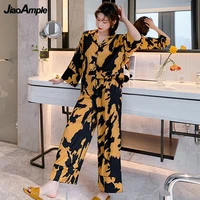 2021 autumn new silk pajamas home clothing suit womens thin plus size long sleeved trousers nightie cardigan pijamas two piece