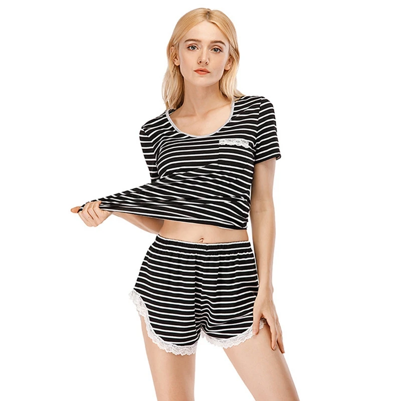 

Women Sweety Cotton Pajamas Set Sexy Striped Lace Tops With Shorts Summer Pyjamas Sleepwear Homewear