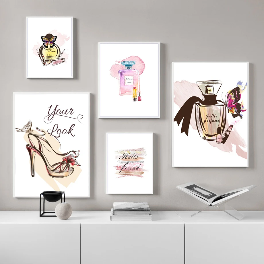

Fashion Poster Lipstick Perfume Beauty Wall Art Letter Prints Canvas Painting Modern High Heels Wall Pictures Girl Room Decor