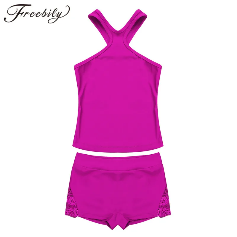 

2PCS Kids Girls Racer Front Back Swim Tank Top with Lace Splice Bottoms Sports Shorts Set for Ballet Dance Gym Workout Outfit