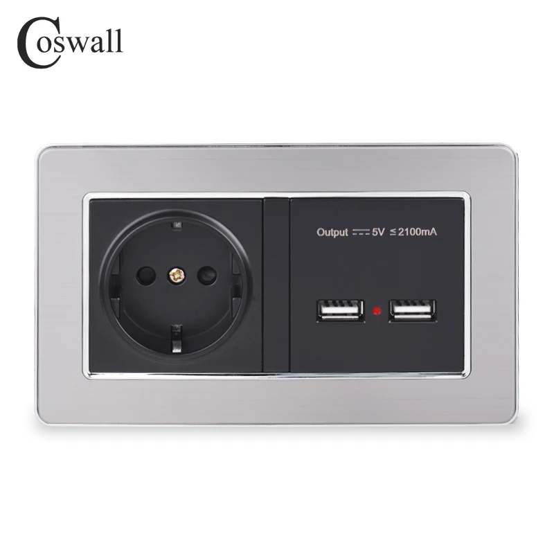 Coswall-tomada de Parede Padrão ue Painel de com Dupla Entrada Usb Recarga Inteligente 5v a Aço Inoxidável Soquetes elétricos