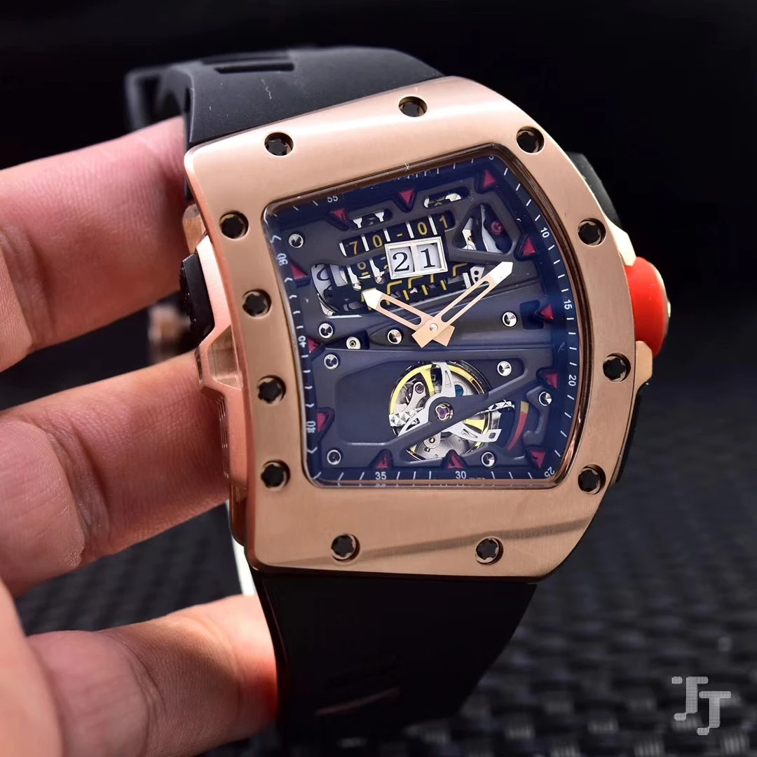 

Top Quality Men Automatic Mechanical Rose Gold Red Black Rubber Watch Tourbillion Limited Sport Stiainless Steel Sapphire