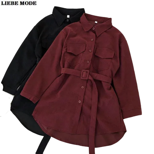 

Women Vintage Burgundy Brown Black Button Up Long Shirt with Belt Korean Style Female Loose Turn Down Collar Blouses Tops Femme