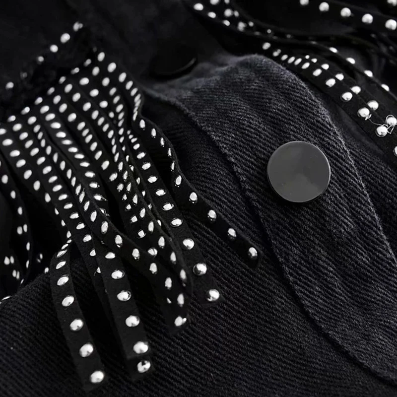 

2020 New Sequined Tassels Women Black High Quality Loose Denim Jackets For Girls Jacket Coat Streetwear Covered Button Outerwear