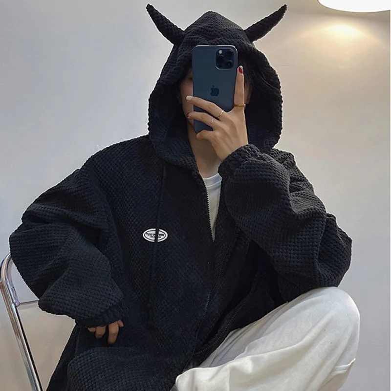 

Women Oversized Hoodies Devil Funny Sweatshirts Autumn Coat Female Black Green Outwear Cute Horns Zip Up Solid Hooded Jacket