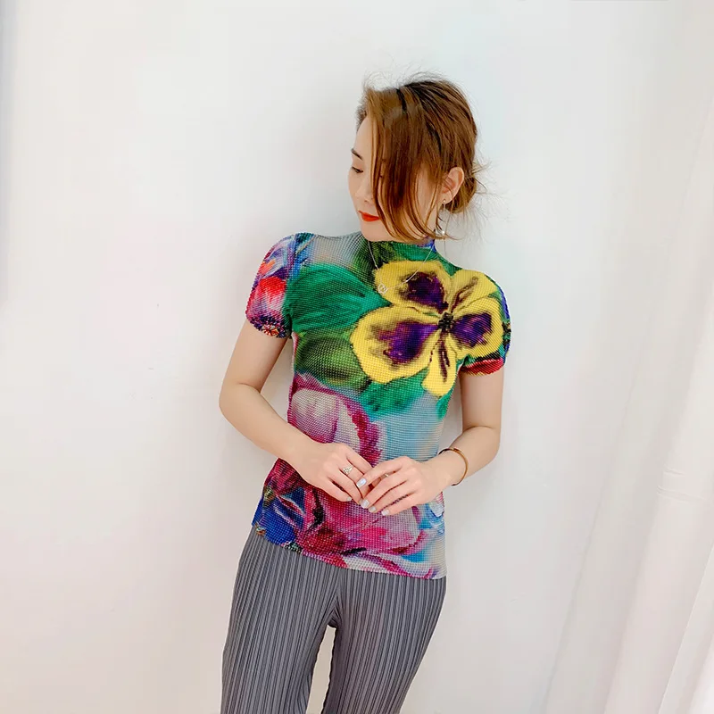 

TVVOVVIN Fashion Printed Half High Collar Short Sleeve T-shirt For Women Summer New Slim Pleated Stretch Top E8CO