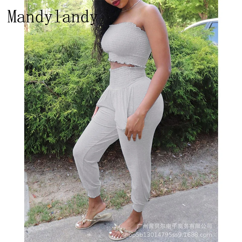 

Женский элегантный спортивный костюм Mandylandy, комплект брюк, женский сексуальный эластичный укороченный Топ без бретелек + облегающие брюки ...