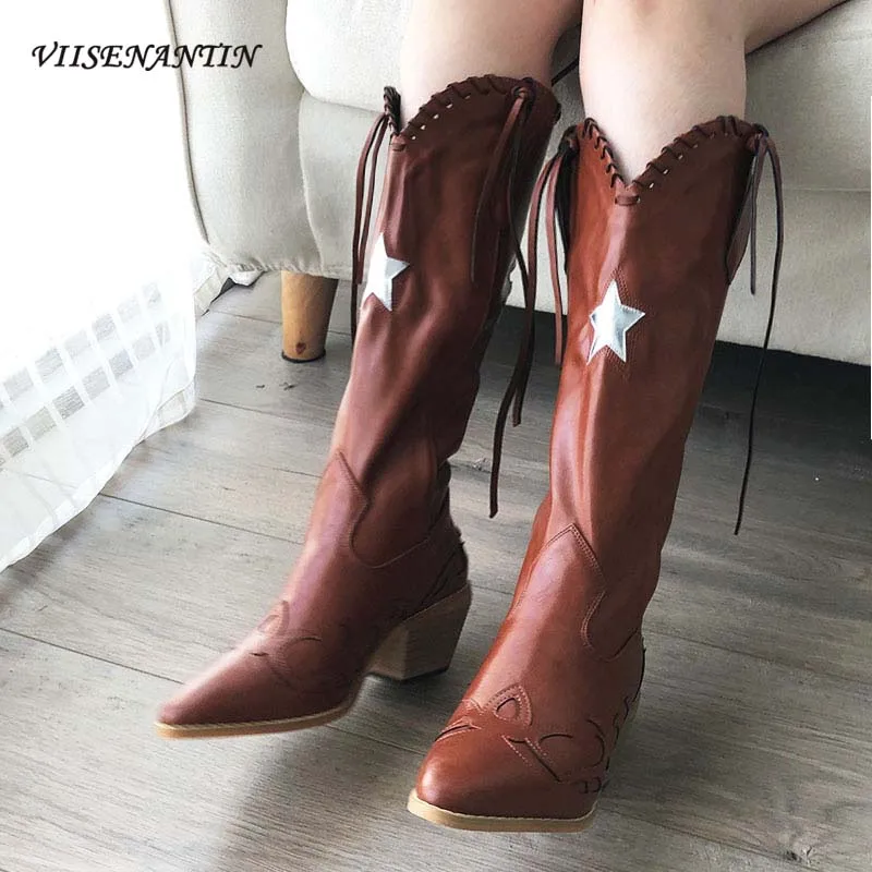 

Однотонные женские сапоги с острым носком, тонким плетеным ремнем и принтом звезд, в стиле ретро, с кисточками, длиной до колена, на толстом к...