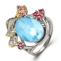 resizable rings 925 sterling silver with two tone 14k yellow gold plated natural larimar flower rings for women gift