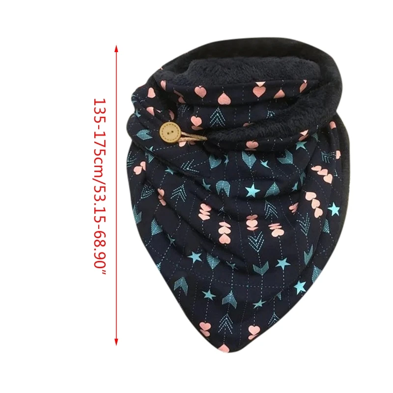 

Women Winter Plush Lined Large Shawl Wrap Heart Star Striped Printed Soft Button Scarf Outdoor Windproof Bib Neck Warmer