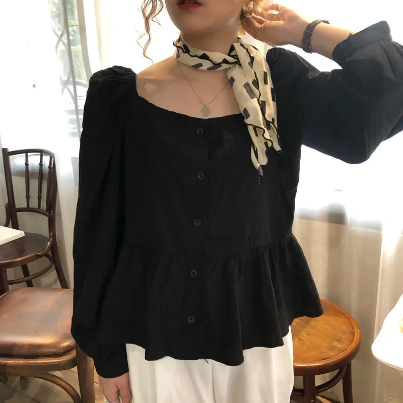 

square collar lantern sleeve button full sweet new Spring and autumn ladies tops Women's Clothing fashion brand shirts Trend