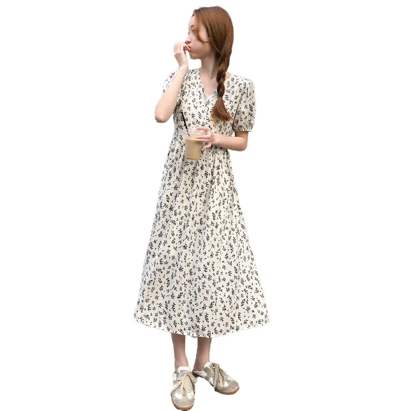 

Summer New Style French Floral V-neck Dress Women's Retro Puff Sleeve A-line Skirt A192