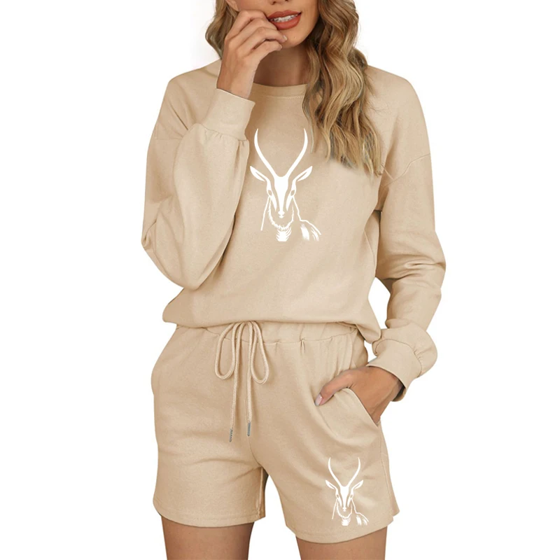

Women's Fashion Print Pullover, Spring Fashion Round Neck Cotton Loose Comfortable Long Sleeve Shorts Home Sport Suit