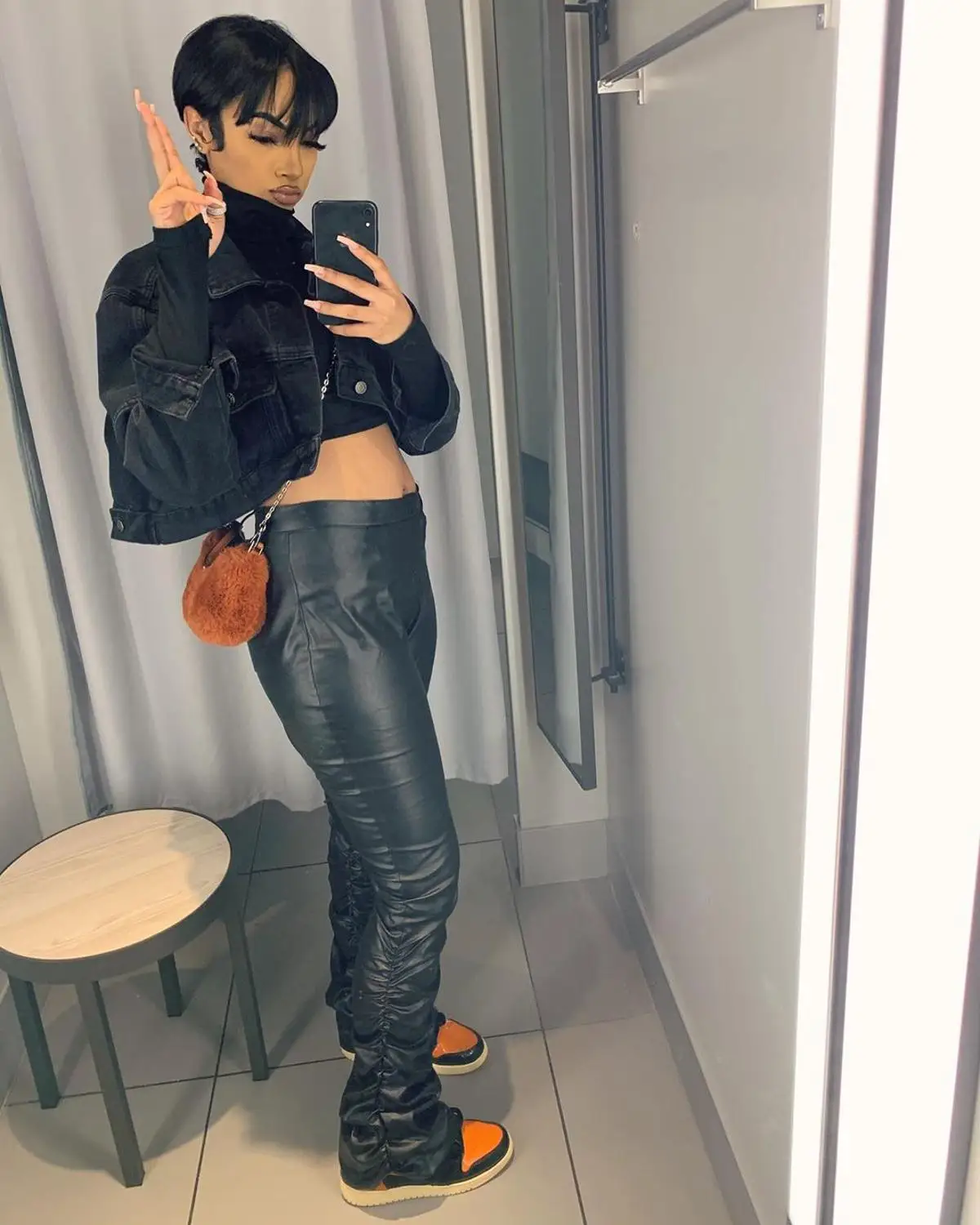 

Леггинсы женские кожаные с рюшами и высокой талией, из ПУ кожи