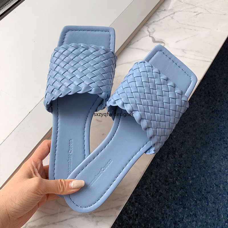 

Leather Woven Slippers Women Luxury Designer 2021 Summer Outside Flat Bottom Sandals New Fashion Sandles Women House Slippers