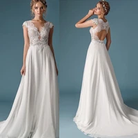 elegant long wedding dress open back v neck plus size bridal gown cap sleeve lace tulle sweep train robe de mari%c3%a9e custom made