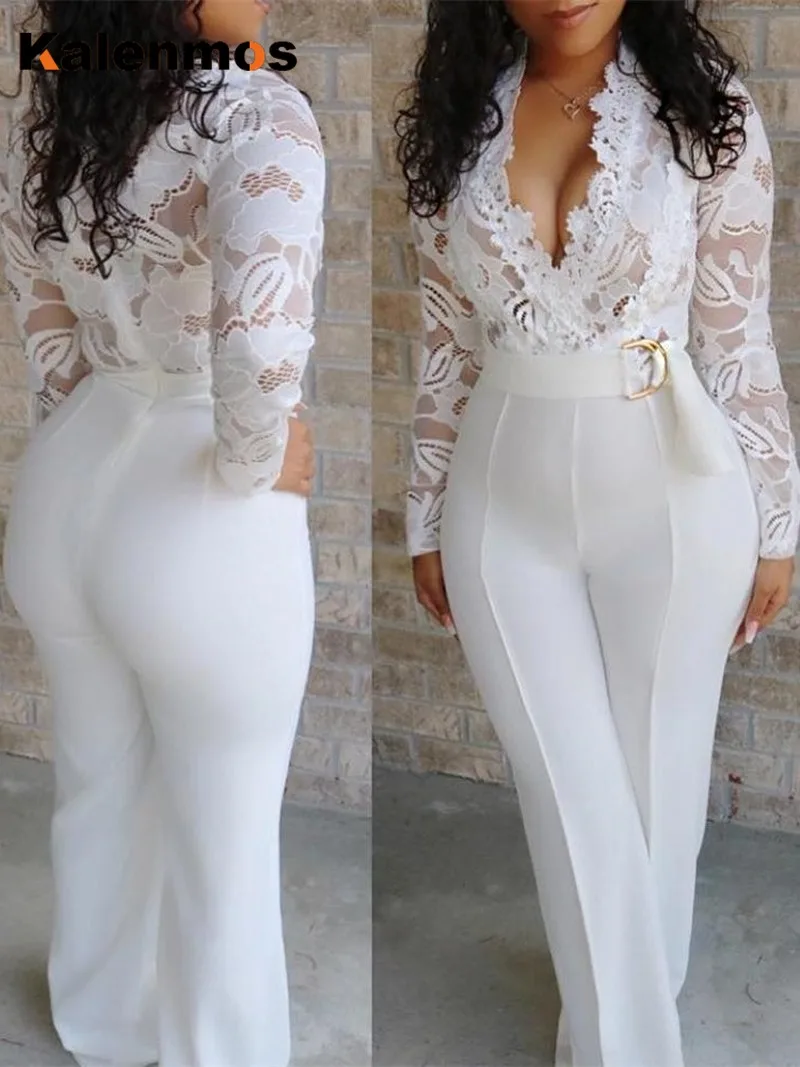 

Jumpsuit Women Lace Rompers Long Sleeve V-neck Long Overalls Trench Classy Formal Party Elegant Runway Outfits Work Plus Size