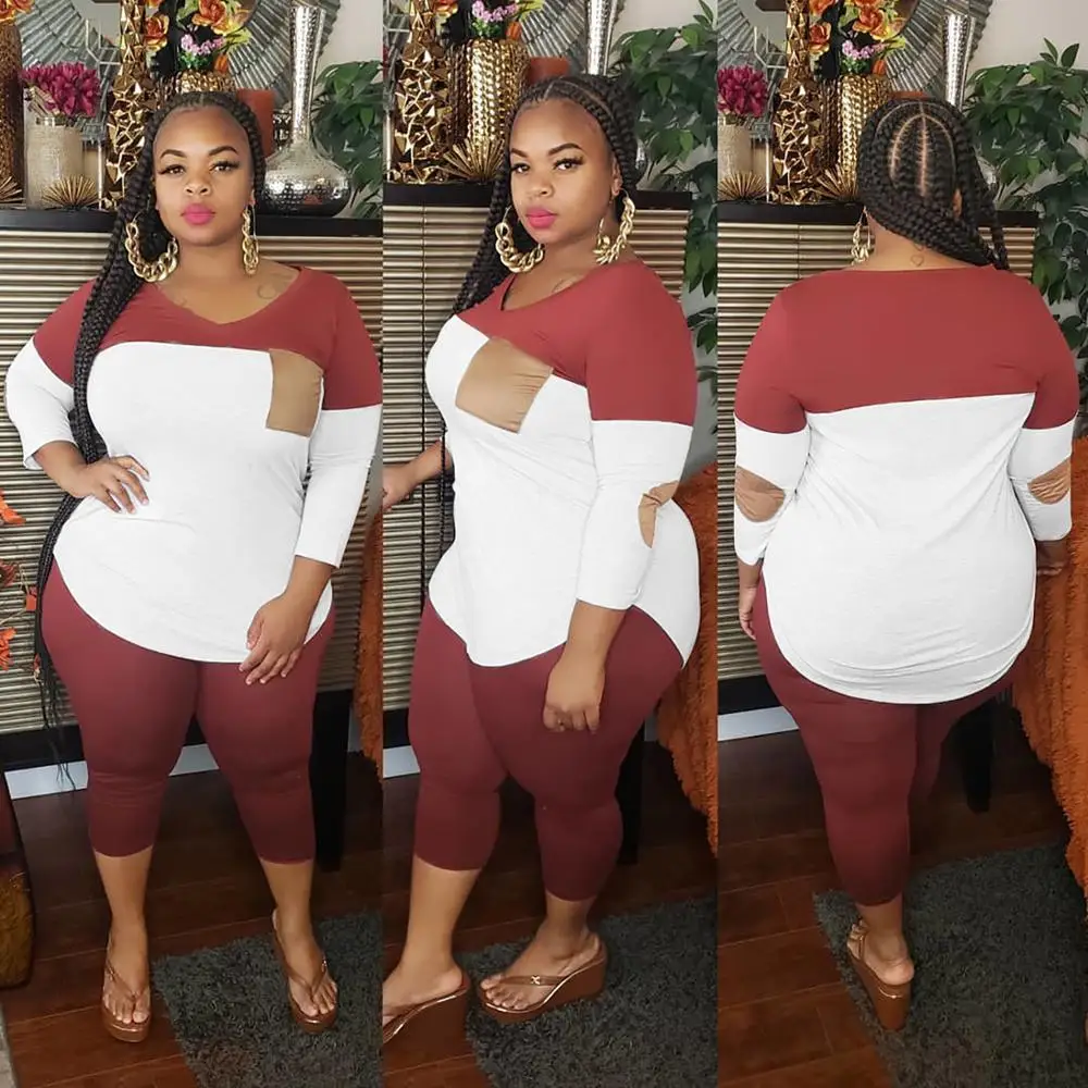 

PLUS SIZE red white patchwork two piece set hot sale summer streetwear women o neck long sleeve tees and calf length pants suit