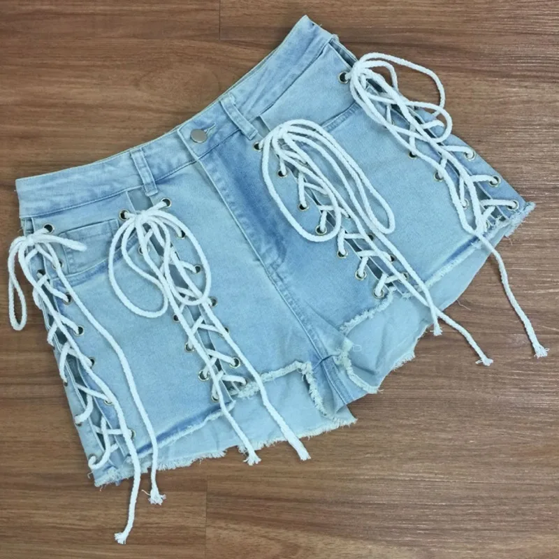 

Summer New Fashion Zipper Sexy High Waist Shorts Female Bandage Denim Shorts Corns Lace Up Denim Shorts
