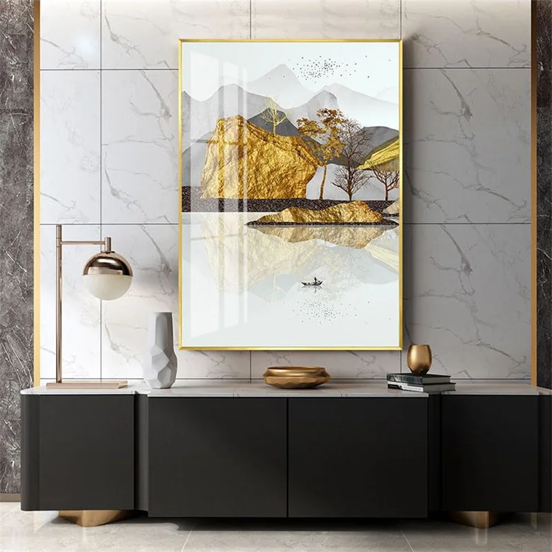 Абстрактные пейзажи в китайском стиле река птица дерево горы скалы холст