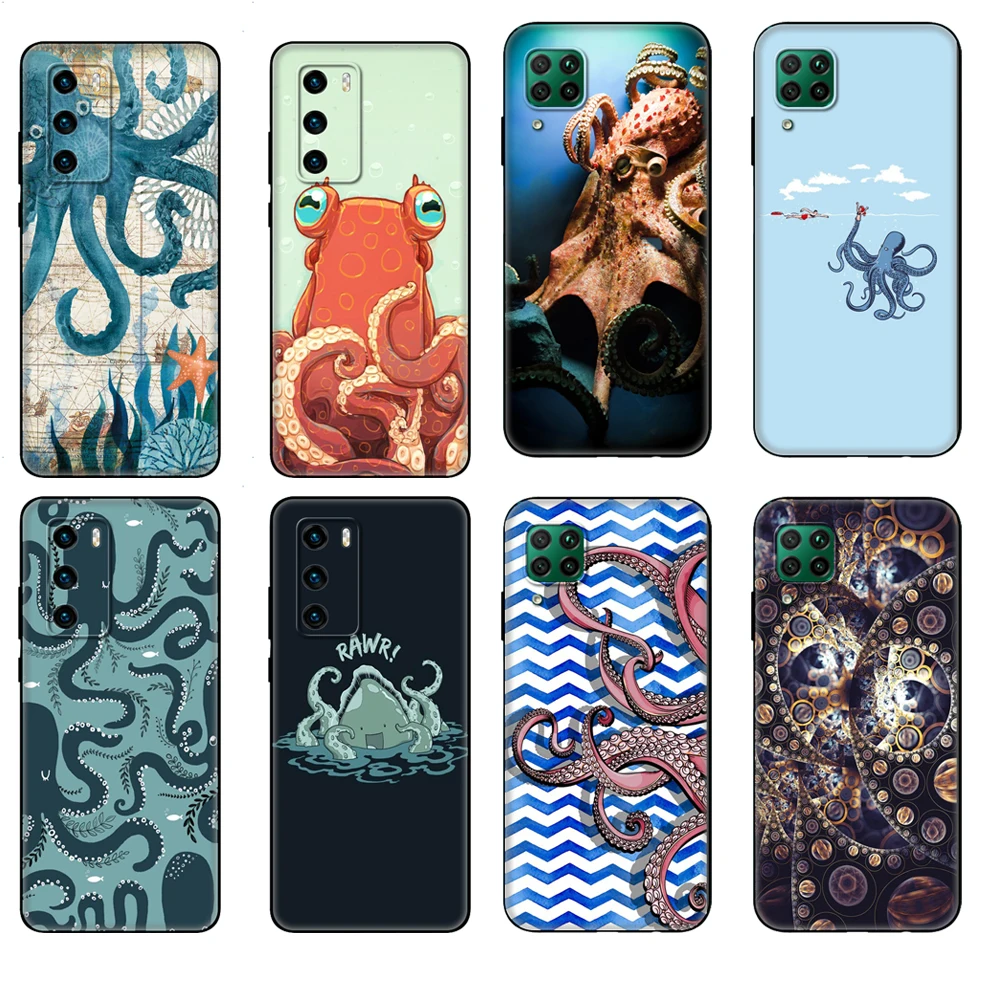 Черный чехол из ТПУ для Huawei P30 Lite P30 Pro P40, чехол для Huawei P40 LITE E P Smart 2020, чехол с синим морским осьминогом
