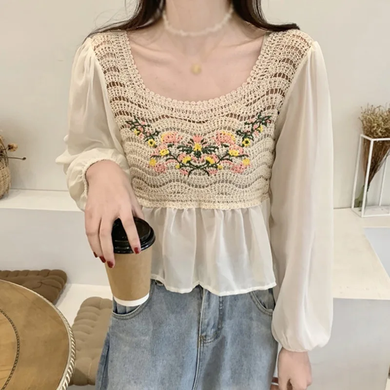 

Spring And Summer Round Neck Casual Chiffon Shirt Korean Version Of The Loose Openwork Hooks Bottoming Women's Top