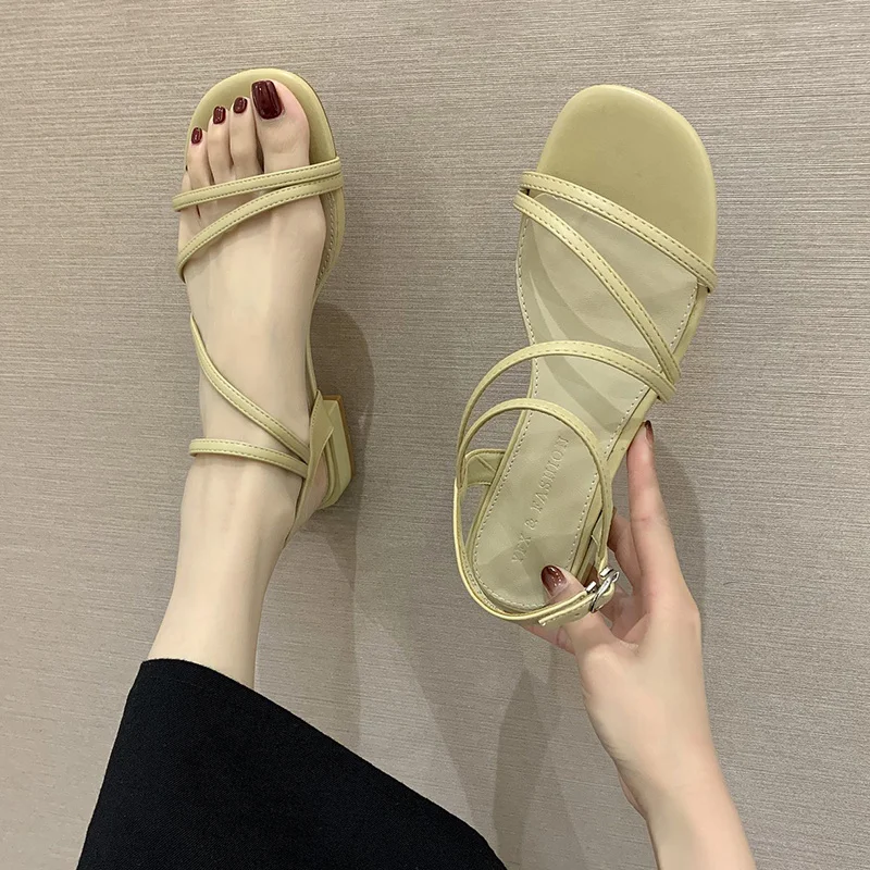 

Beige Heeled Sandals Female Shoe 2021 Summer Buckle Strap Black Girls Fashion New Comfort Clear Flat Block Low Square heel Basic