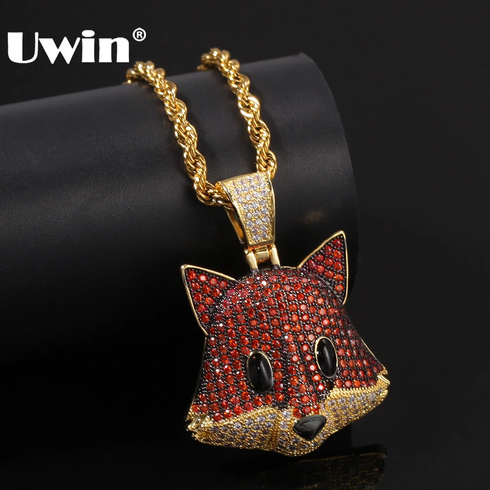 

UWIN Cute Fox Necklace Pendants Full Red Colored CZ Stones Fashion Animal Bling Bling Hiphop Jewelry For Men Women