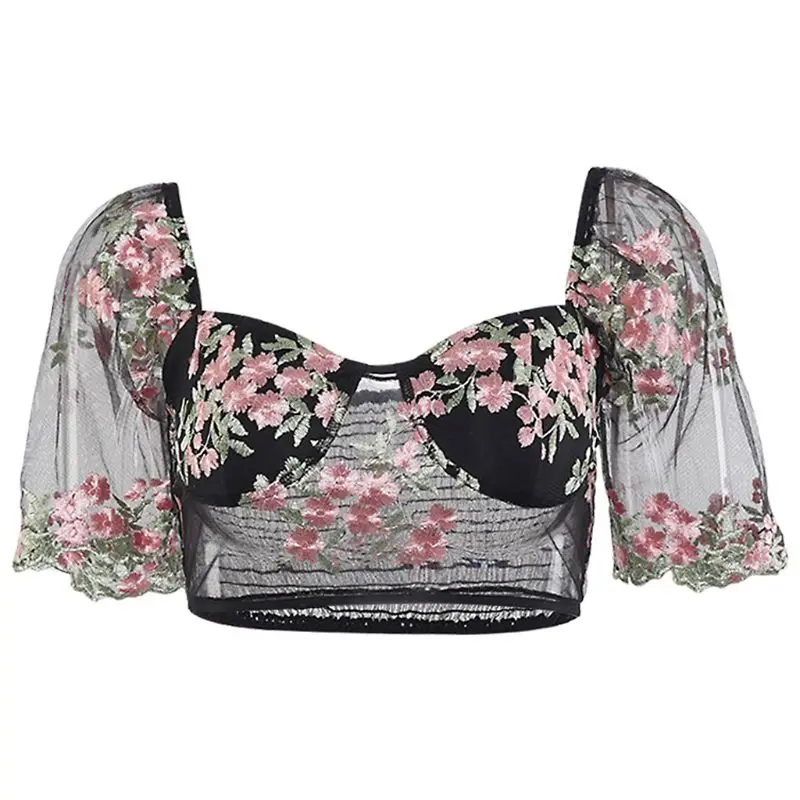 Женский укороченный топ с пышными рукавами прозрачная сетчатая Сексуальная