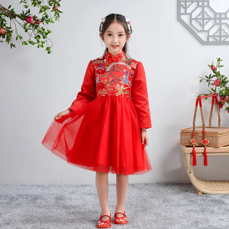 Dress Китайский новогодний традиционный костюм в стиле Тан для девочек; платье для маленьких мальчиков; одежда с вышитым драконом; зимние теплые плотные костюмы - Цвет: Dress