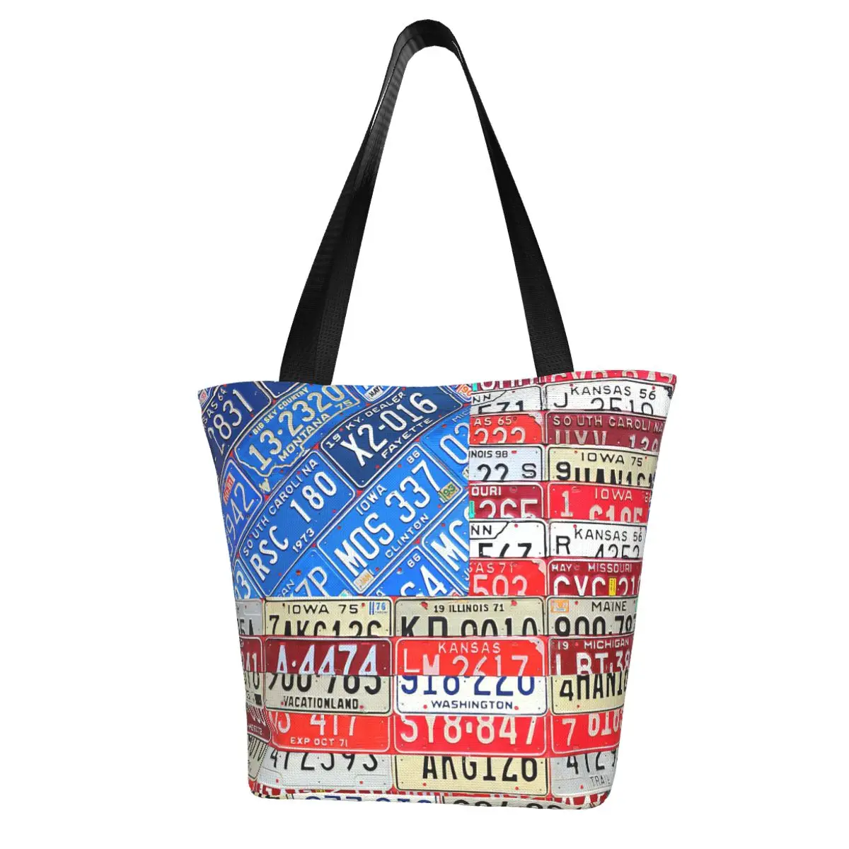 American Flag Recycled License Plate Art Shopping Bag Aesthetic Cloth Outdoor Handbag Female Fashion Bags