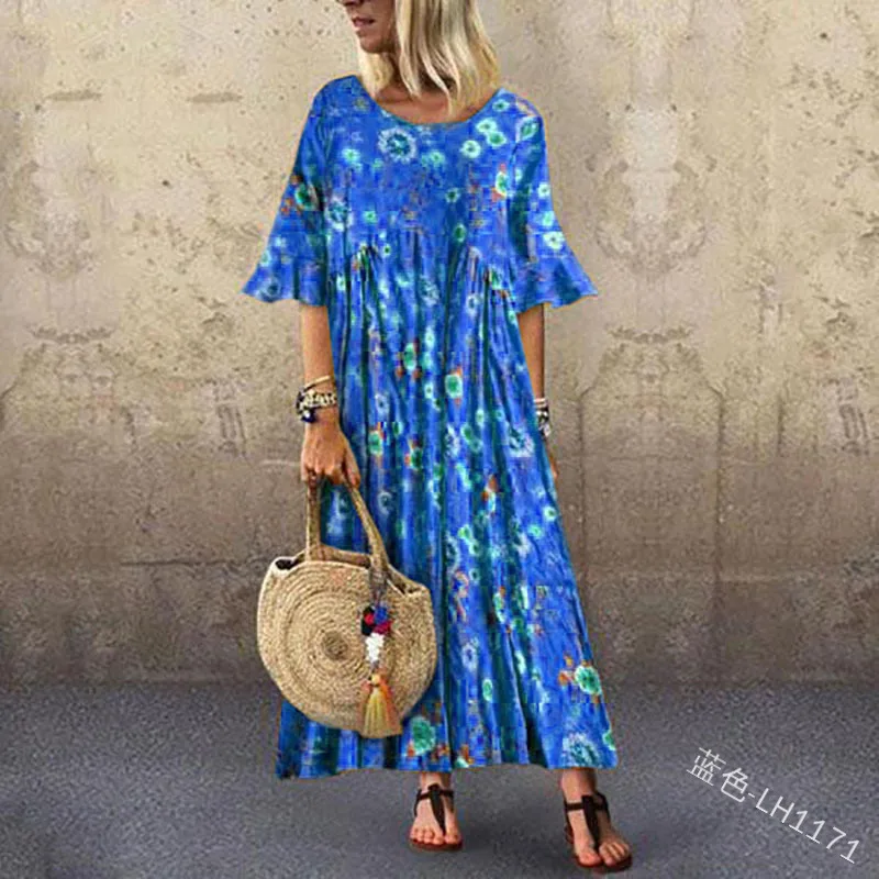 

Mandylandy Dress Summer Fashion Half Flare Sleeve O-Neck Floral Print Dress Women's Casual Loose Pleated Dress