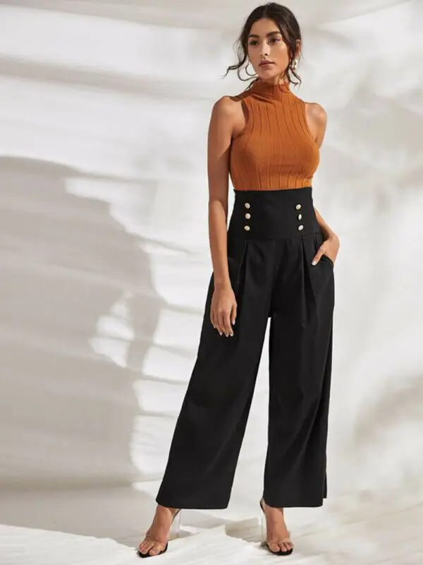 

UK New Fashion Women Casual High Waist Button Pocket Loose Flared Solid Wide Leg OL Work Button Long Trousers Pants