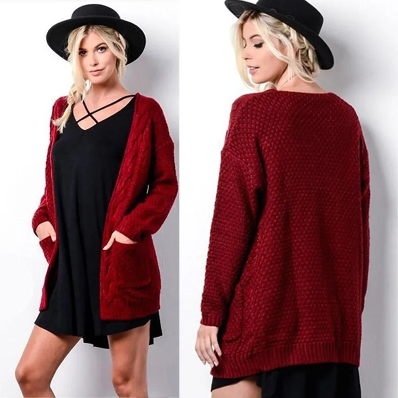 S-3XL, осень, зима, продукт, европейский стиль, длинный, будет код, сплошной цвет, карман, свитер, женский, Конопляный, с цветами, вязаный кардиган