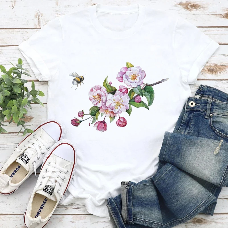

2021 New printed top T-shirt women summer round neck top women summer loose pattern white loose top women