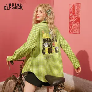 Elfsack зеленого цвета в клеточку с героями мультфильмов, принт Повседневное рубашки Для женщин 2020 летнее бело-серые Винтаж длинный рукав в Корейском стиле; Женская обувь на каждый день с милым графическим Топы